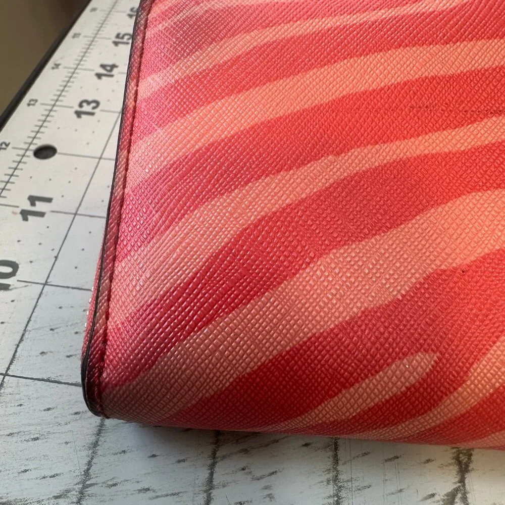 Coach Zebra Animal Print Wallet Coral Color Accordian Zip Around - Picture 4 of 8